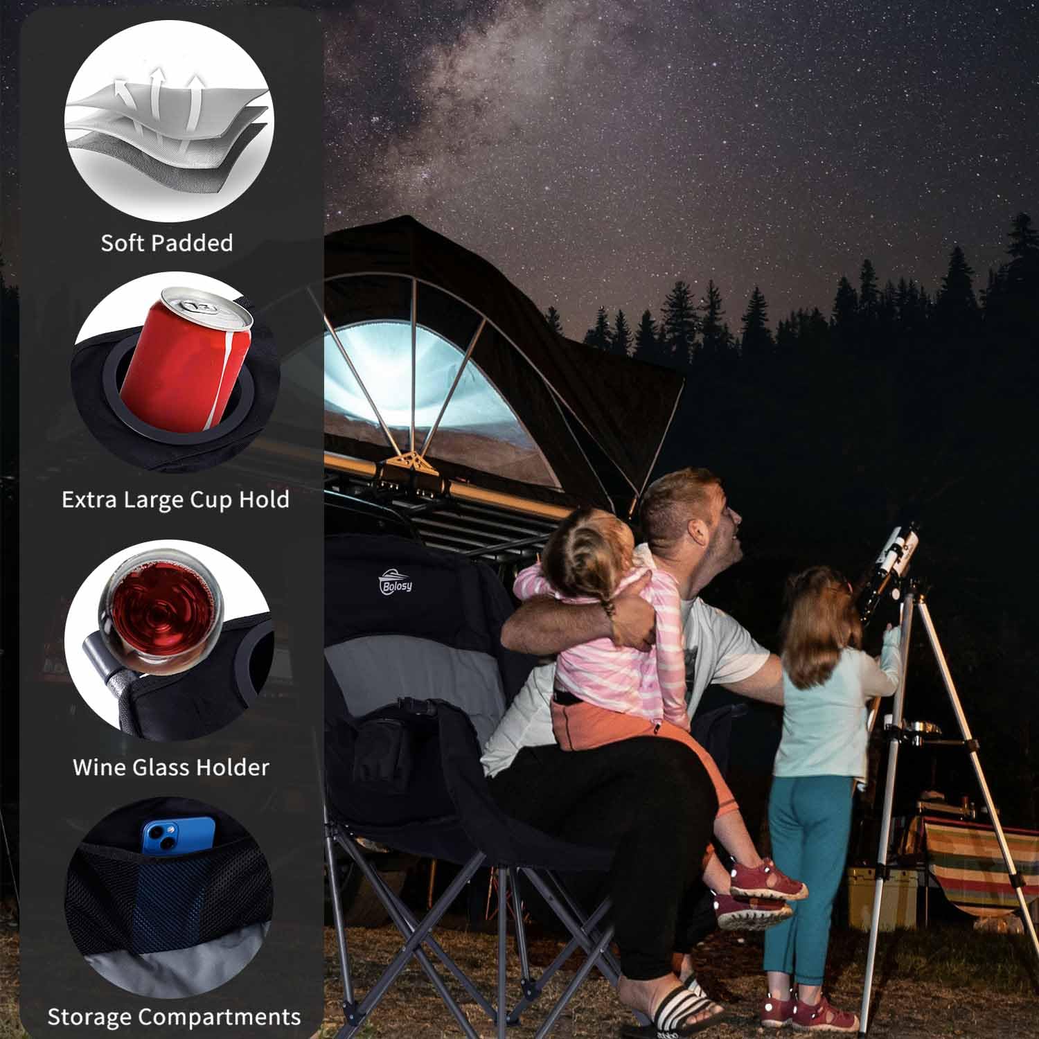 Bolosy oversized XL camping chair cup holder keeps drinks within reach during outdoor lounging.