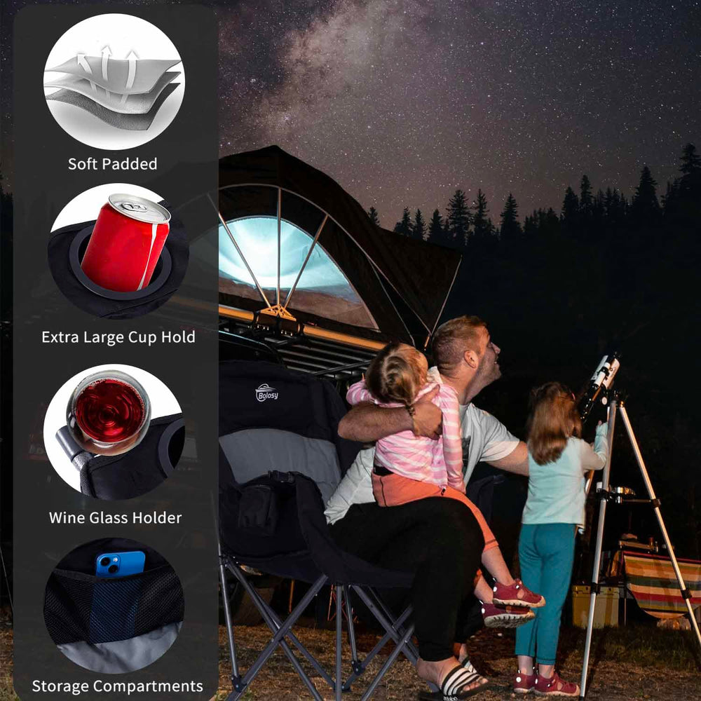 Bolosy oversized XL camping chair cup holder keeps drinks within reach during outdoor lounging.
