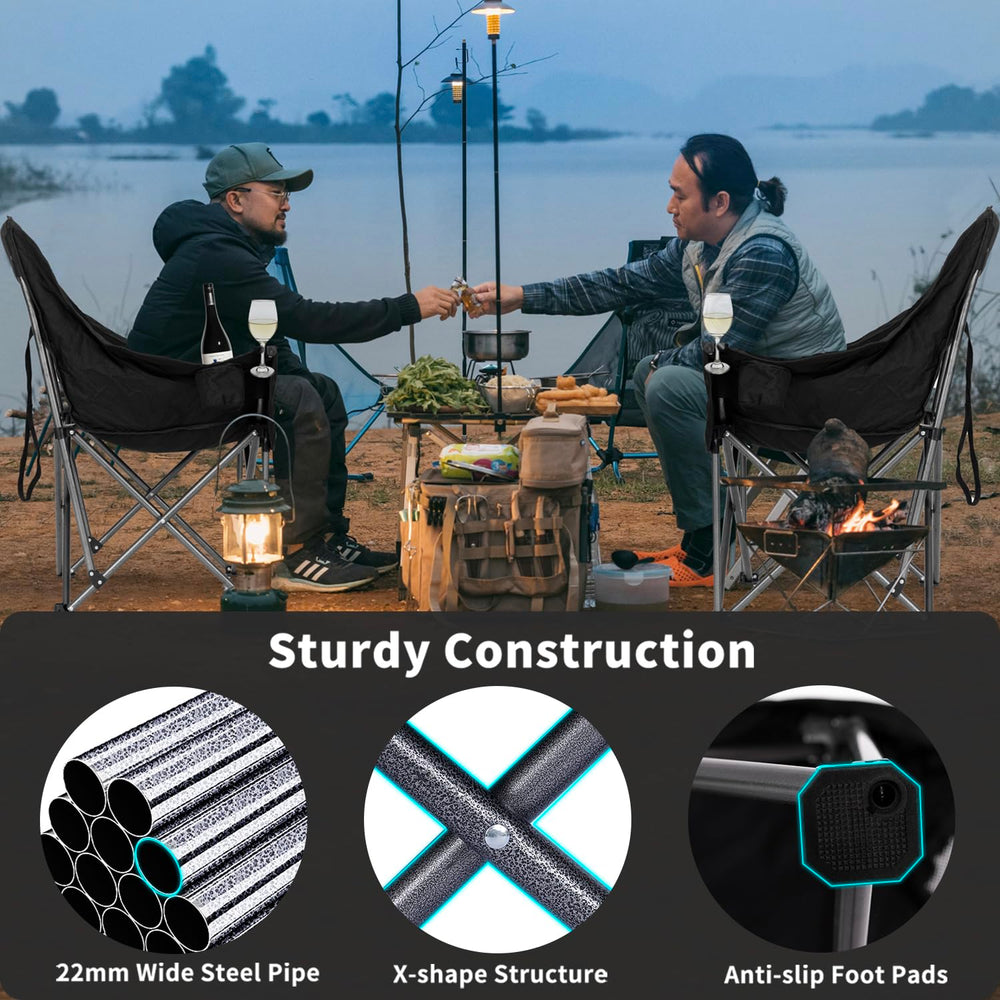 Bolosy oversized XL camping chair seat delivers roomy space for legs and relaxed posture.