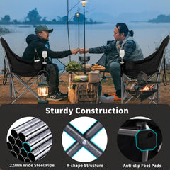 Bolosy oversized XL camping chair seat delivers roomy space for legs and relaxed posture.