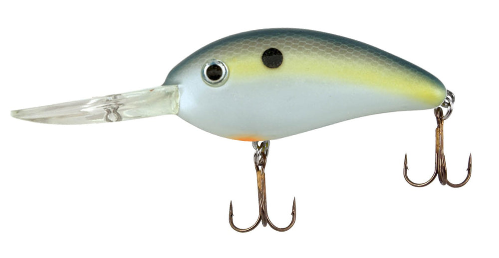 Bomber Fat Free Shad 3in lure in side view with deep-running action for bass