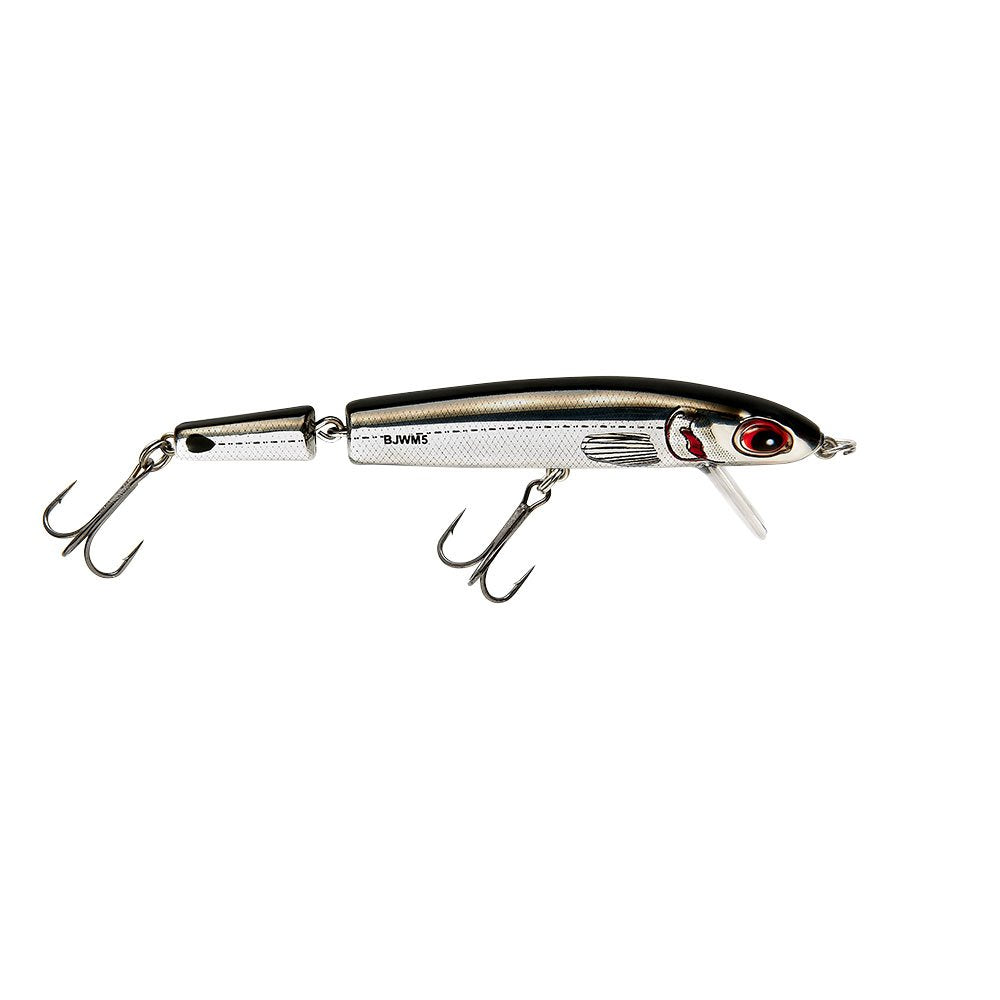 BOMBER Jointed Wake Minnow chrome-black-back triggers surface bites.