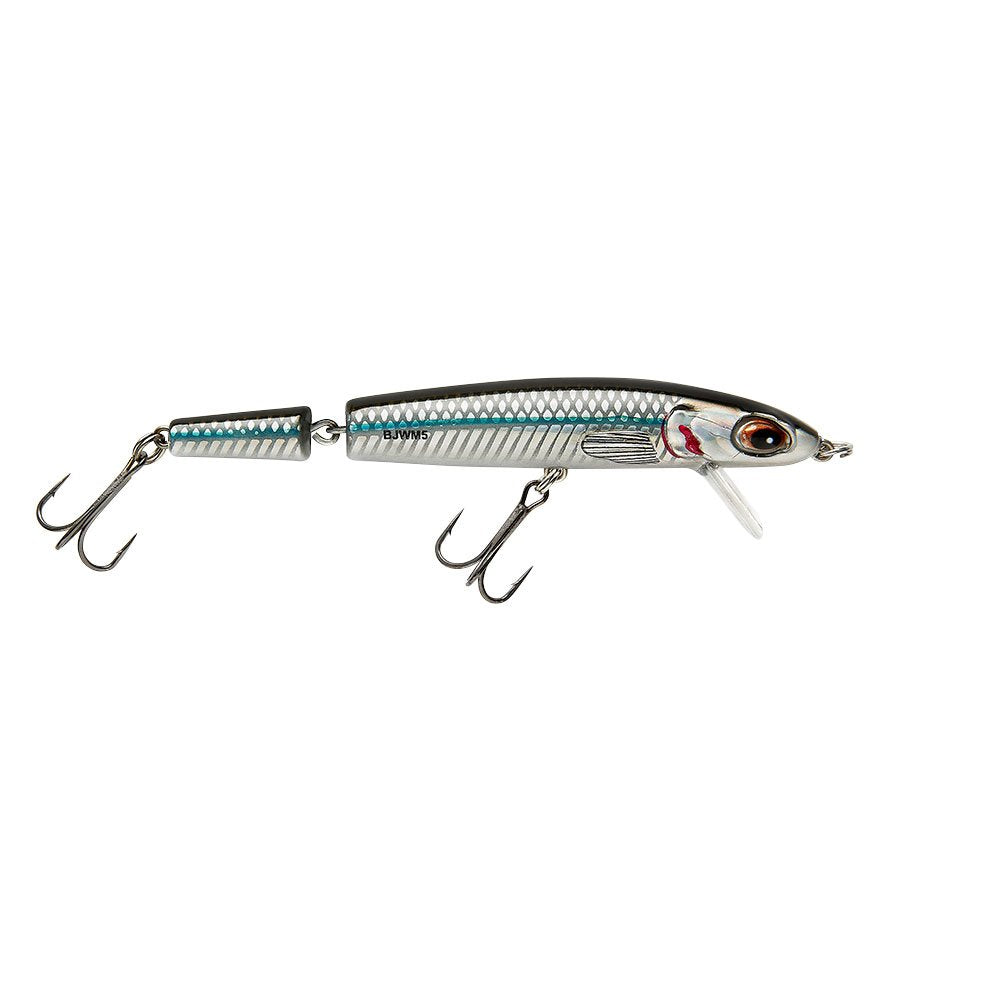 Bomber Jointed Wake Minnow Mullet, front view, wake action ideal for redfish and bass.
