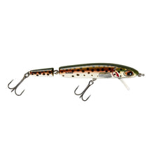 Bomber Jointed Wake Minnow rainbow trout front view highlights vivid HD decoration for increased attraction.