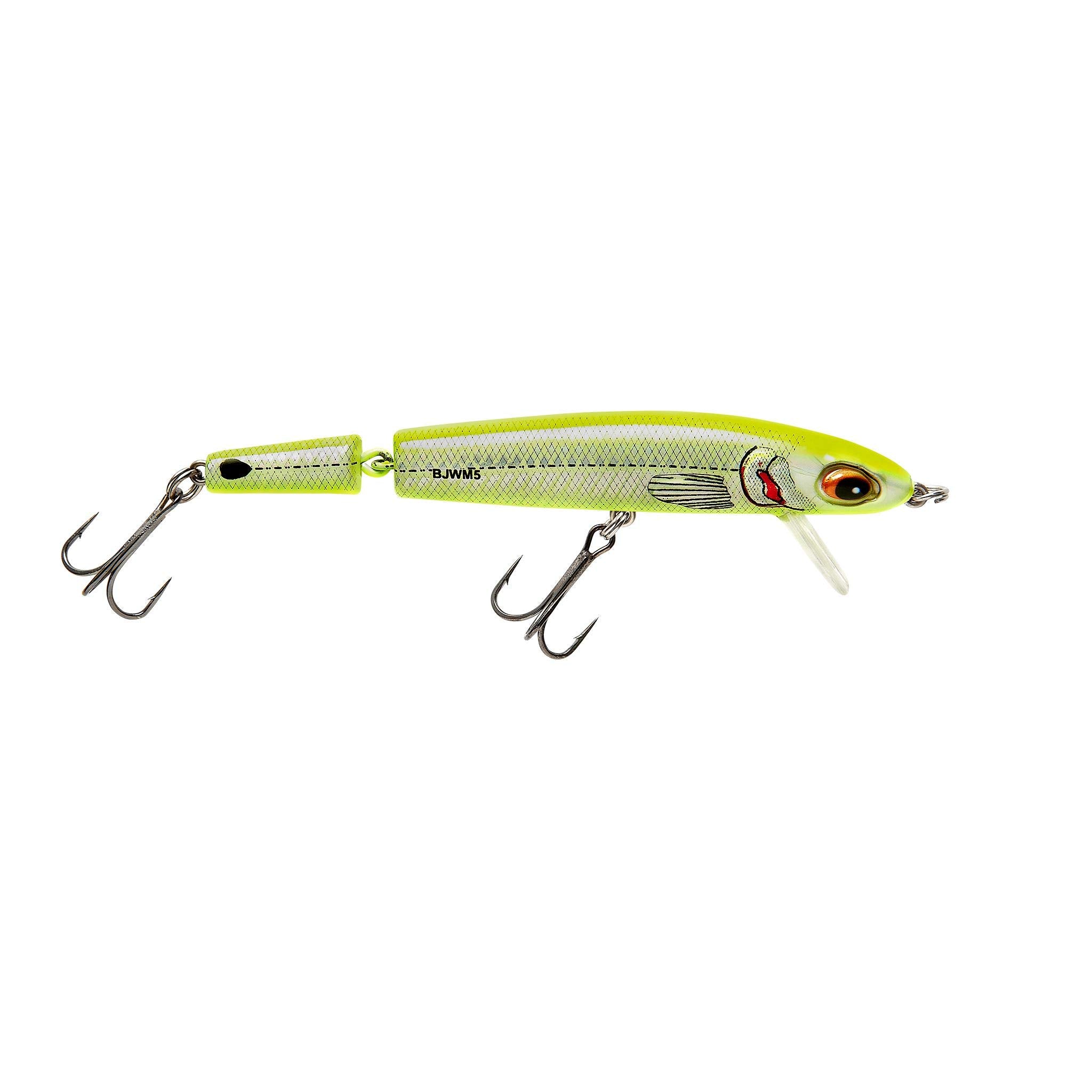 Bomber Jointed Wake Minnow glides just beneath the surface, creating a tempting surface-strike action.