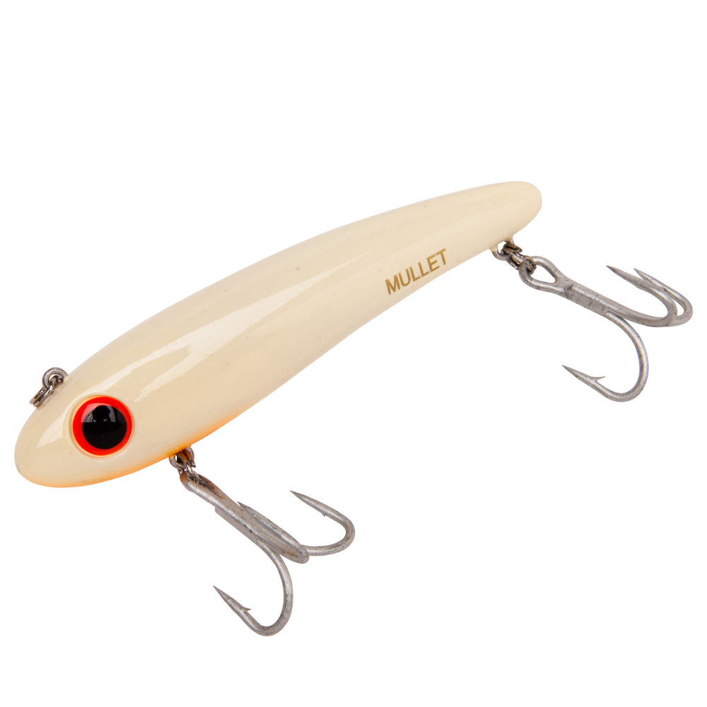 BOMBER Mullet lure side view bone-orange throat for versatile inshore fishing.