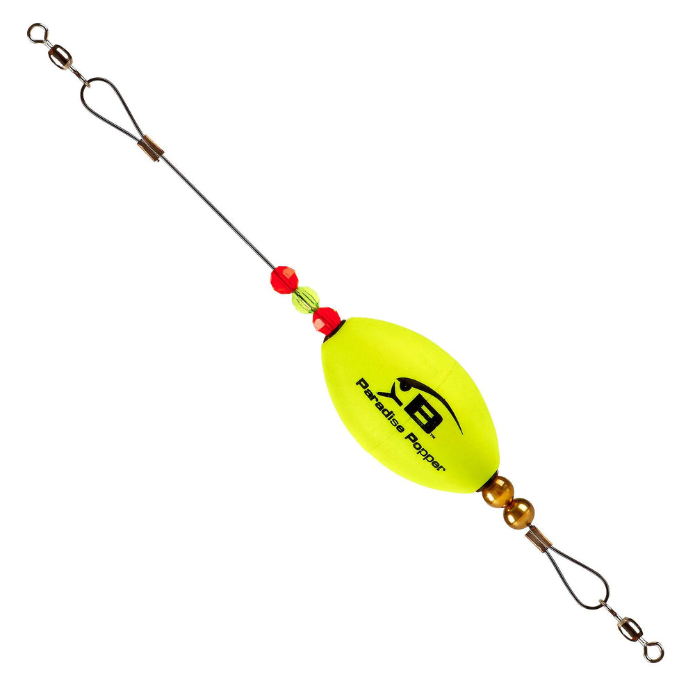 BOMBER Salt Water Paradise Popper Xtreme Jigs in oval yellow, front view, offers splashy coastal action.