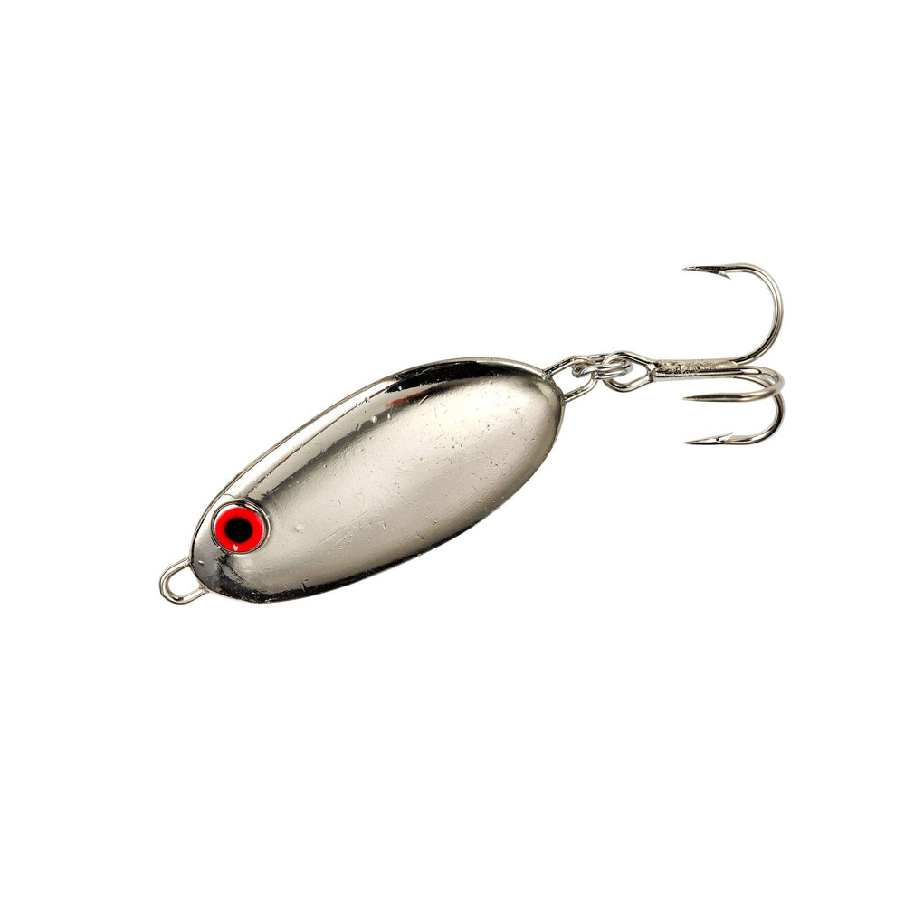 BOMBER Slab Spoon Spinner Lure with metachrome finish attracts attention and enables long casts.