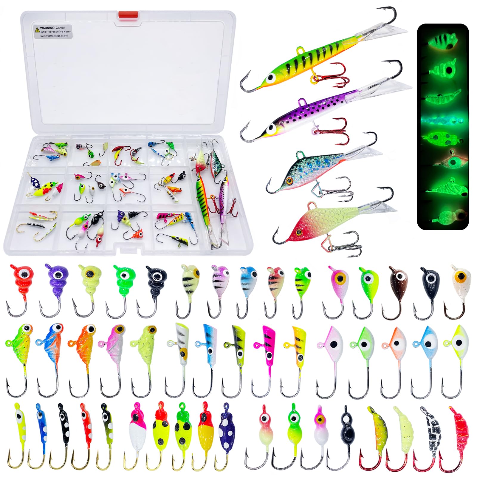 Bombite 52-piece ice fishing lures kit layout with 48 jig heads and 4 balancing jigs