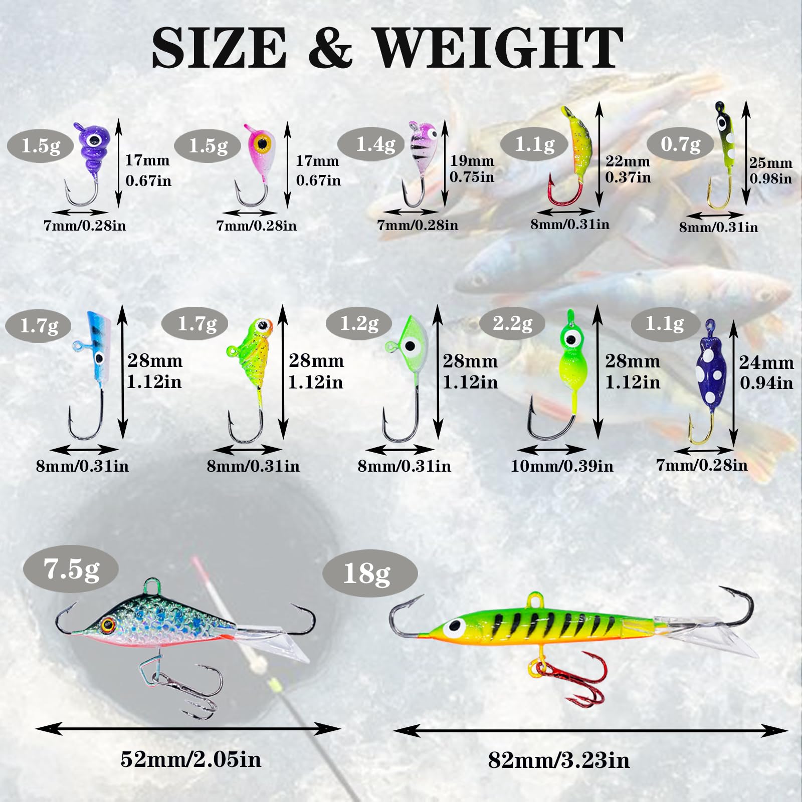 Lures suitable for crappie, walleye, perch, and trout