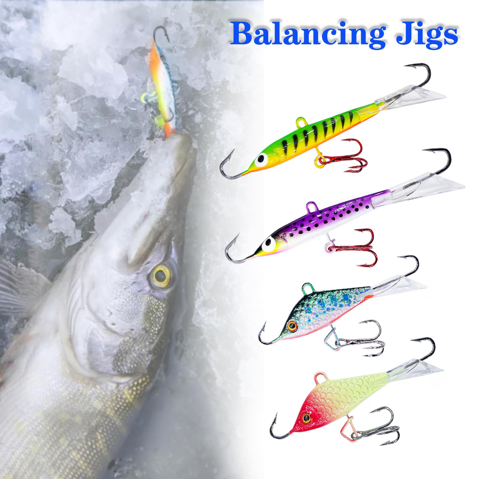 Ice fishing gear kit featuring glowing lures and varied shapes