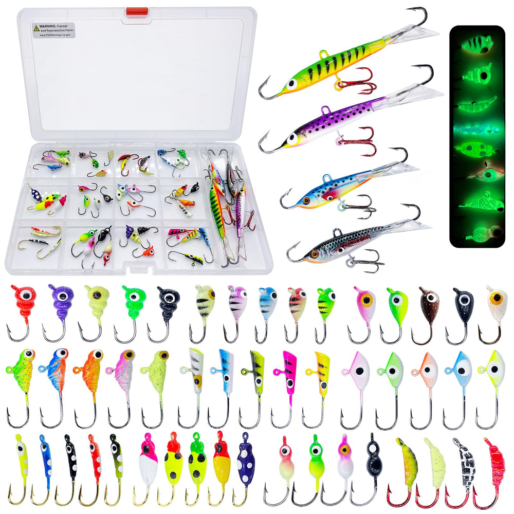 Bombite 52Pcs Ice Fishing Lures Kit – 48 drop-water shapes and 4 balancing jigs