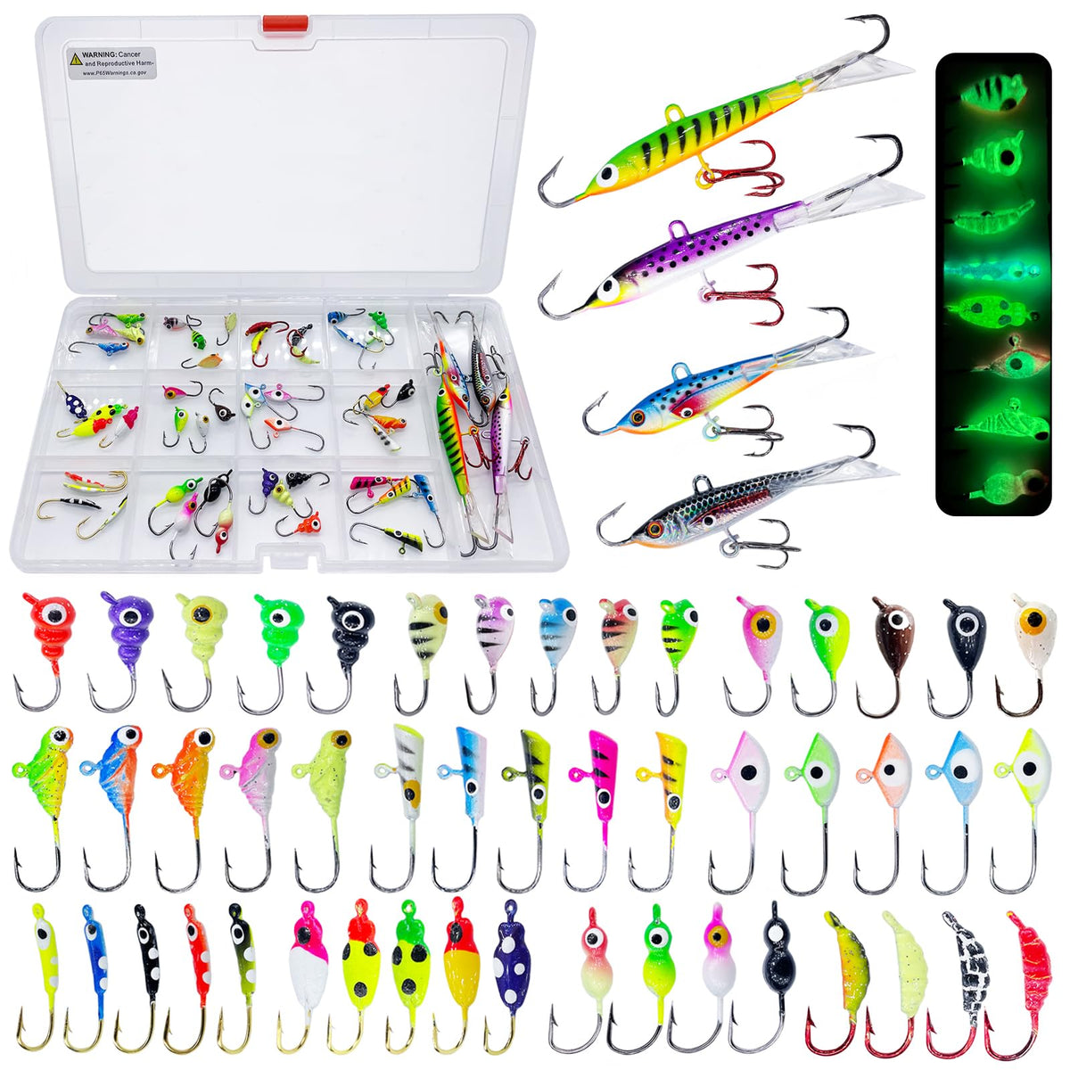 Bombite 52Pcs Ice Fishing Lures Kit – 48 drop-water shapes and 4 balancing jigs