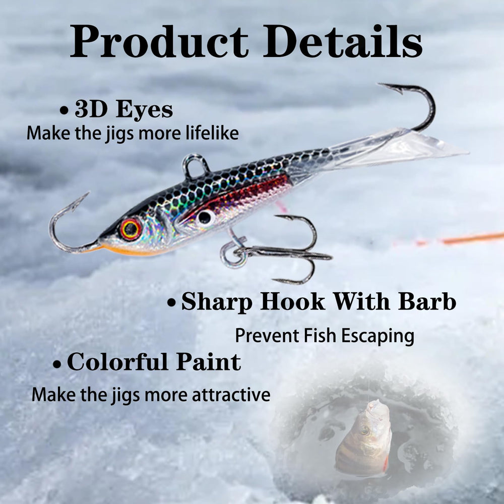 Assorted ice fishing lures in bright colors for sinking or suspending