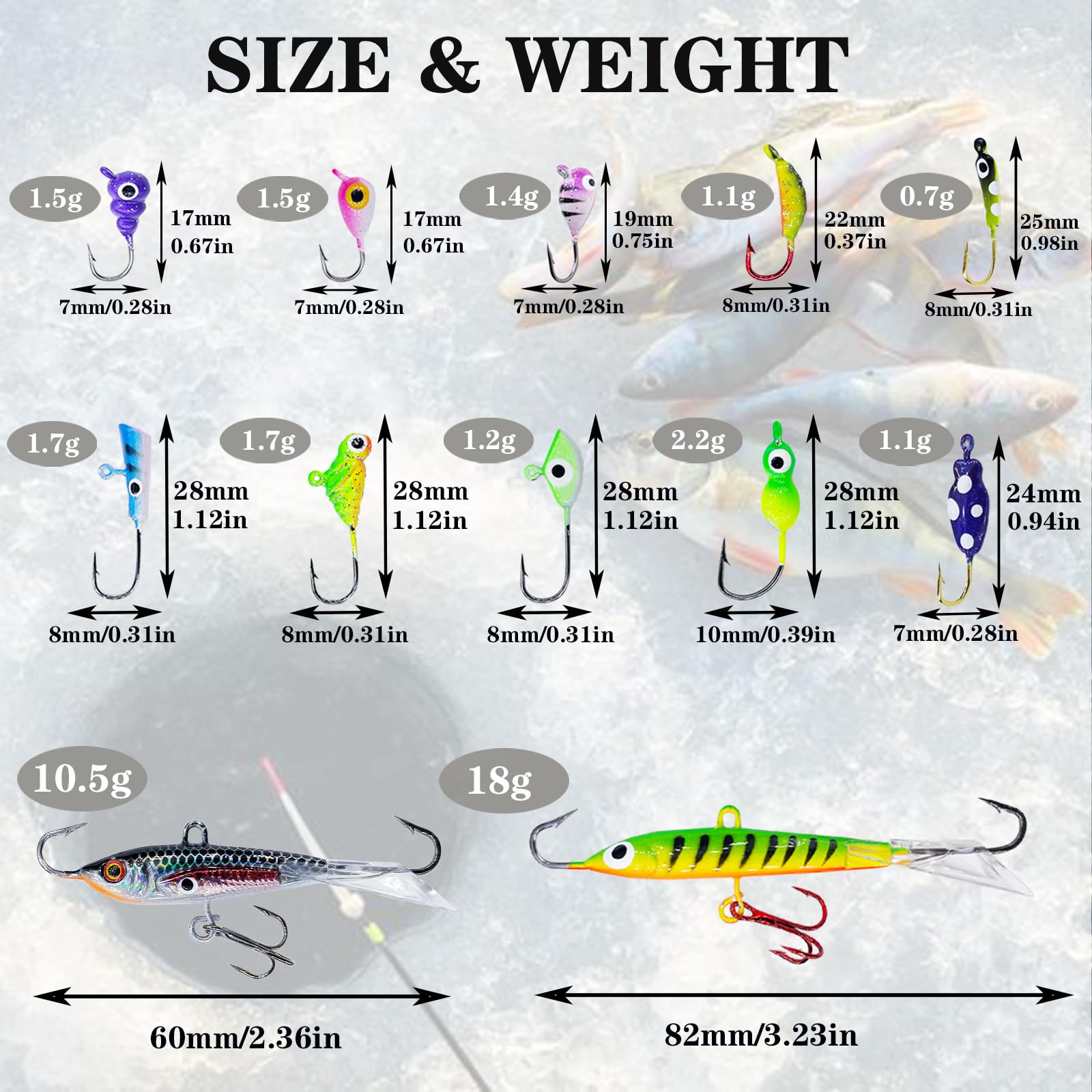 Vibrant glow-in-the-dark colors on ice fishing lures