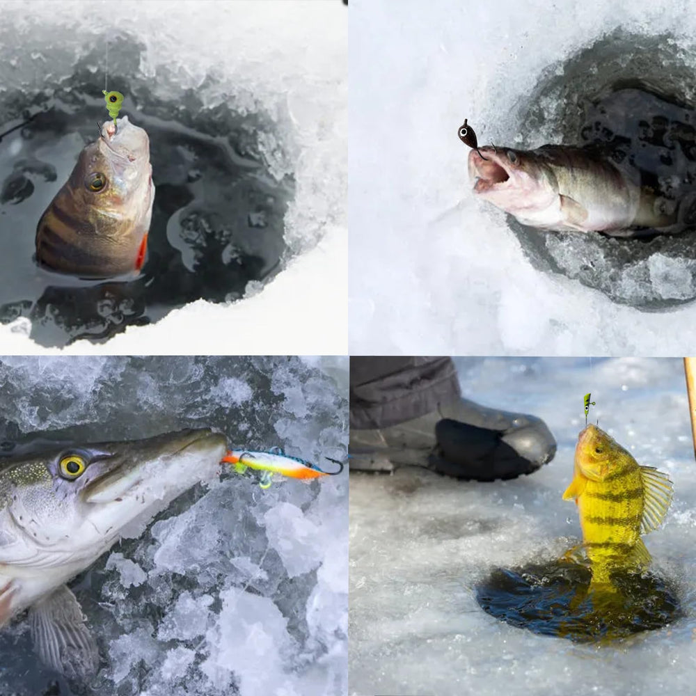Unpacked 52-piece Bombite ice fishing lures kit with multiple shapes