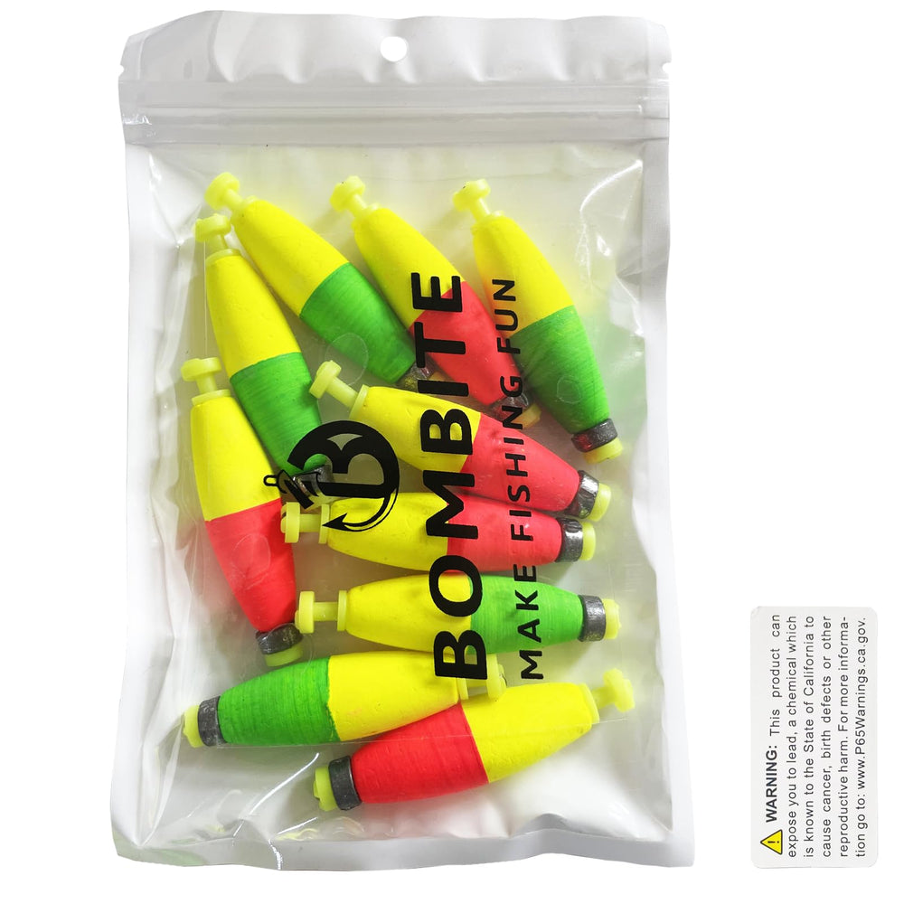 Packaging of Bombite 10-pack weighted bobbers for freshwater fishing, image 6