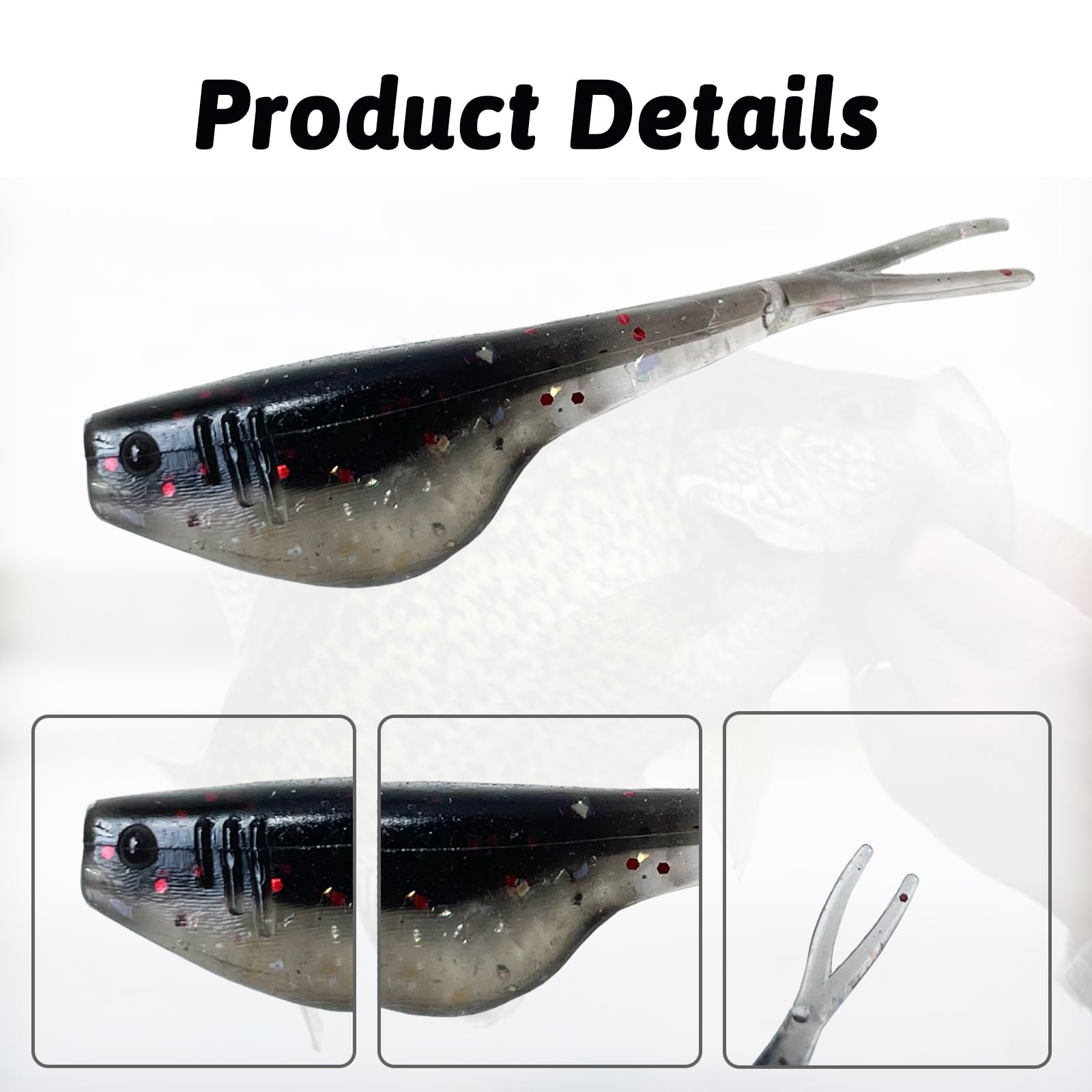 Close-up of Bombite split-tail crappie lure action