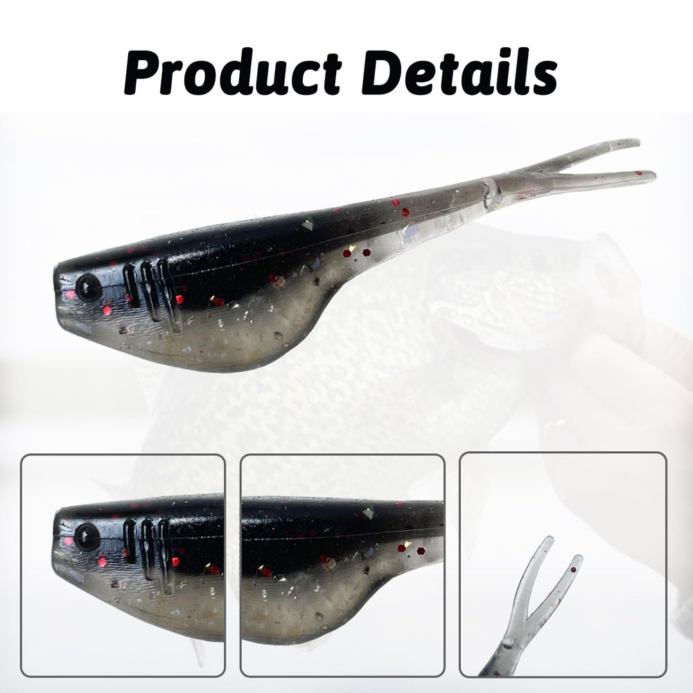 Close-up of Bombite split-tail crappie lure action