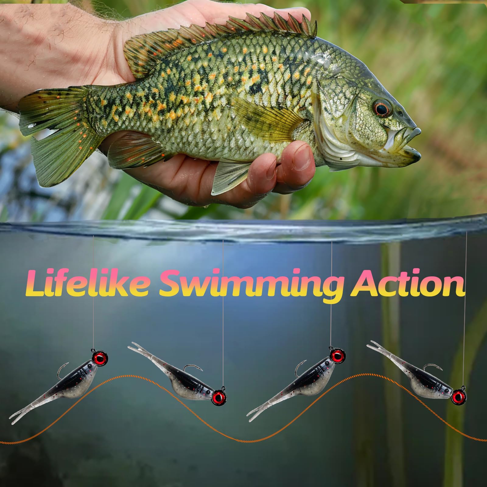 Assorted bright colors of Bombite crappie baits