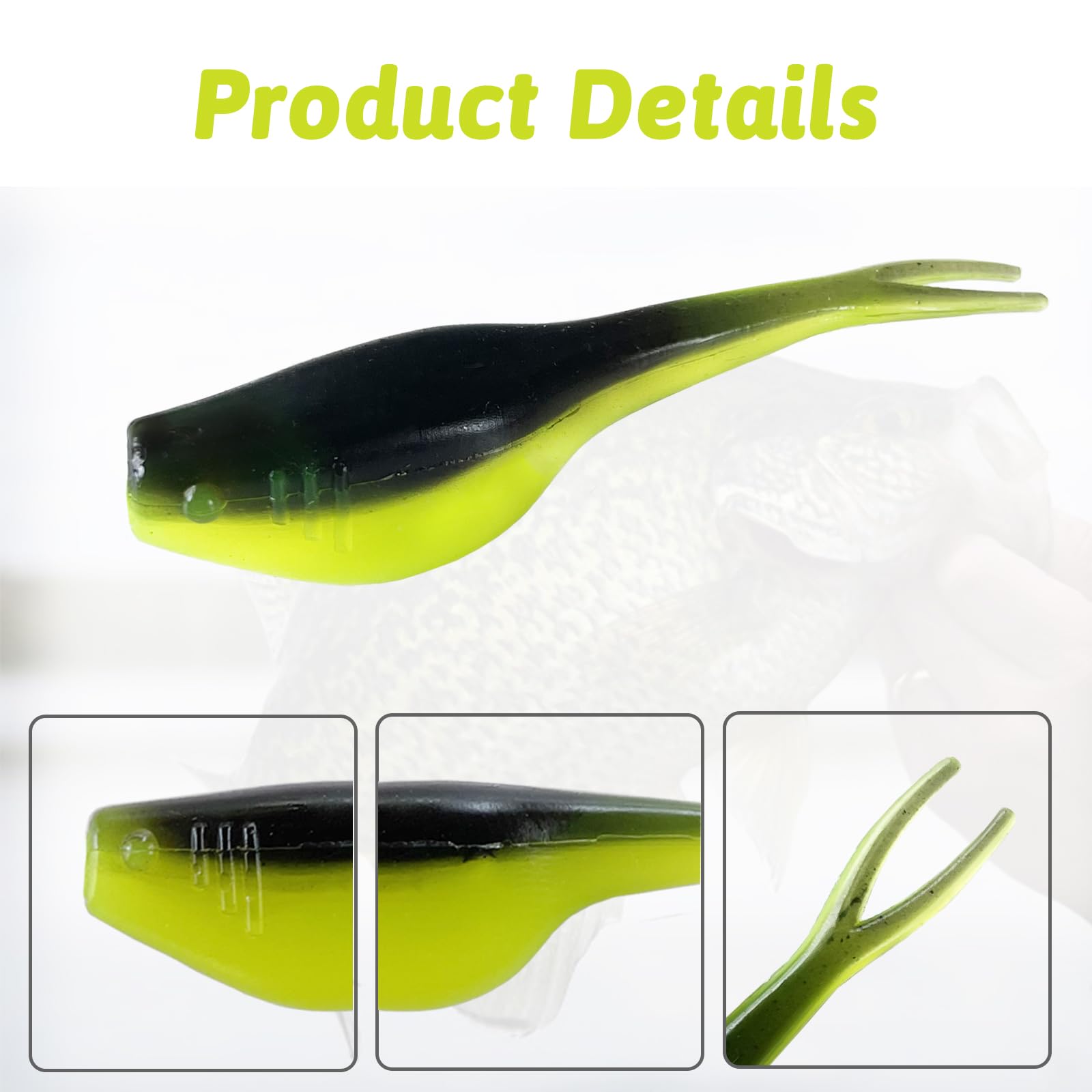 Crappie baits 2-inch split-tail lures, vibrant colors, packed case