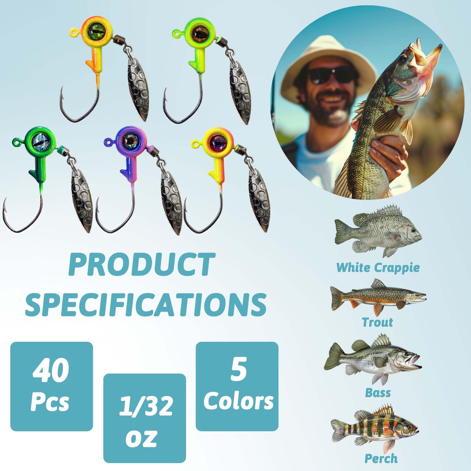 Crappie Jig Heads with 360° rotating willow spinner