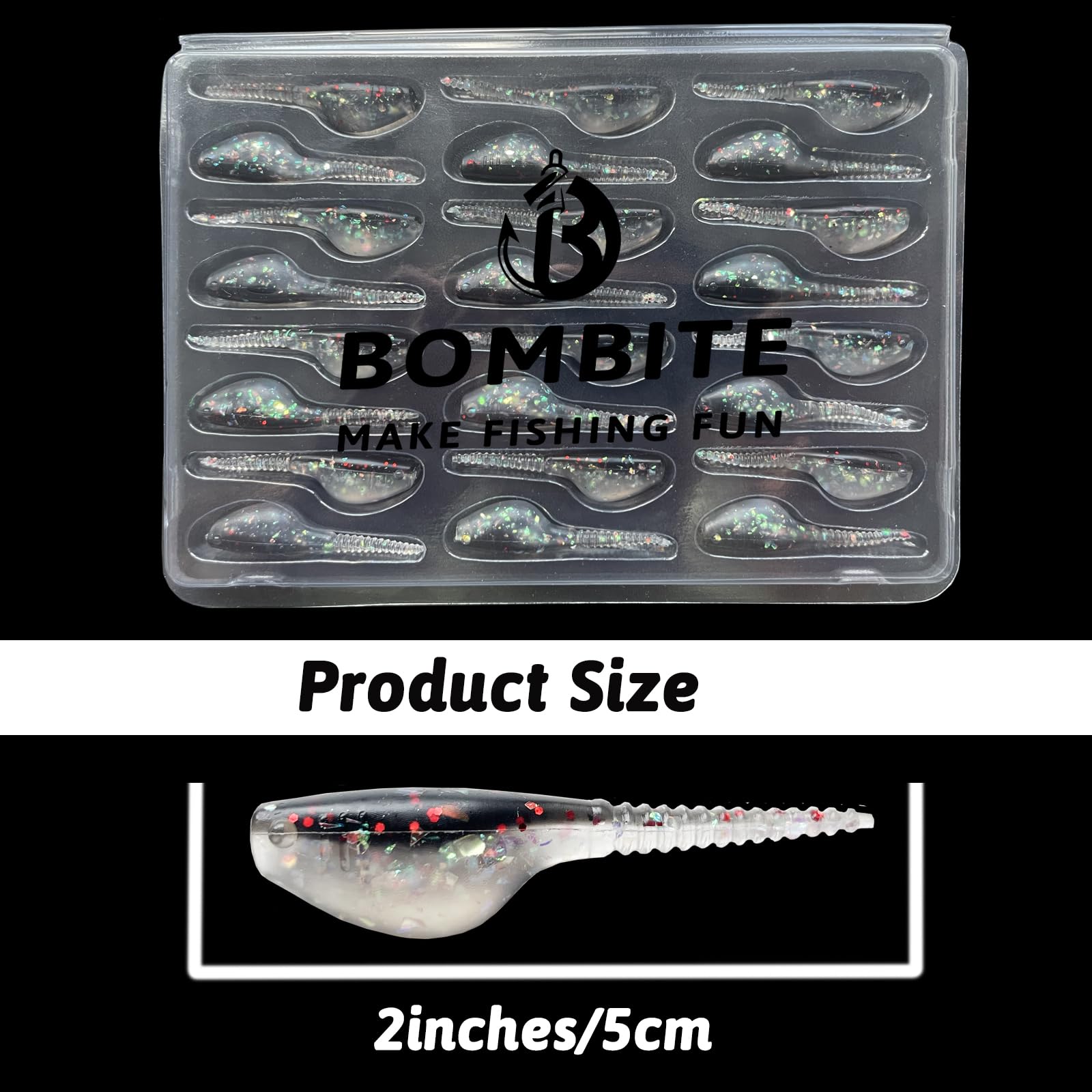 Reflective flakes on crappie lures close-up