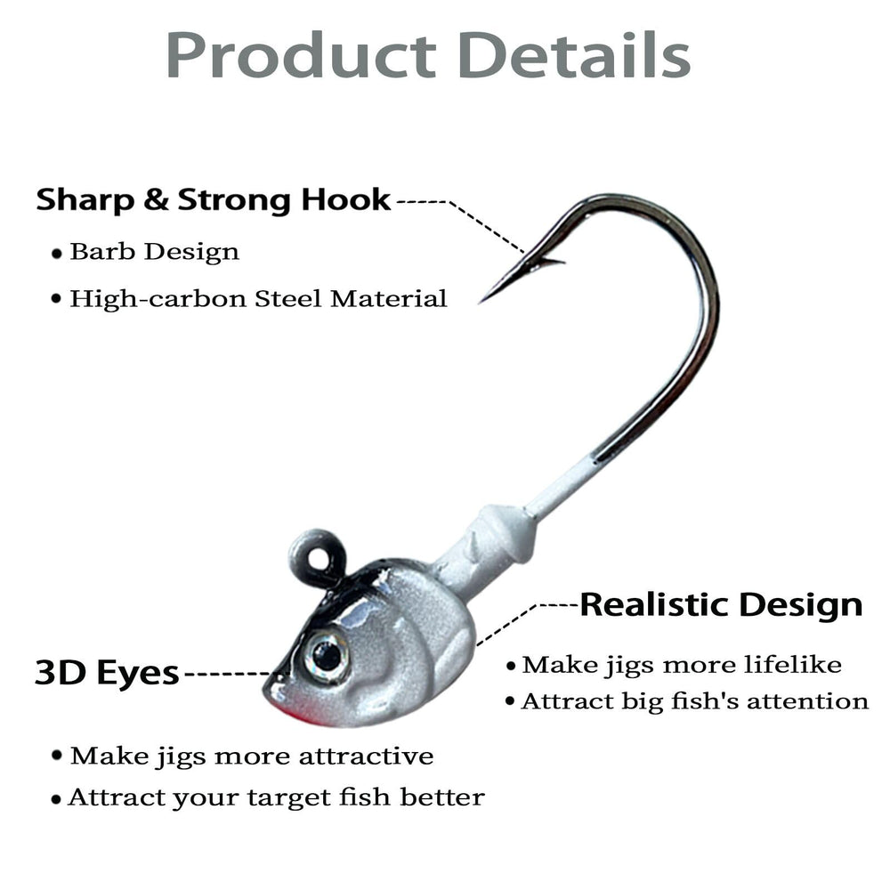 Jig heads featuring lifelike 3D eyes and vibrant colors in water