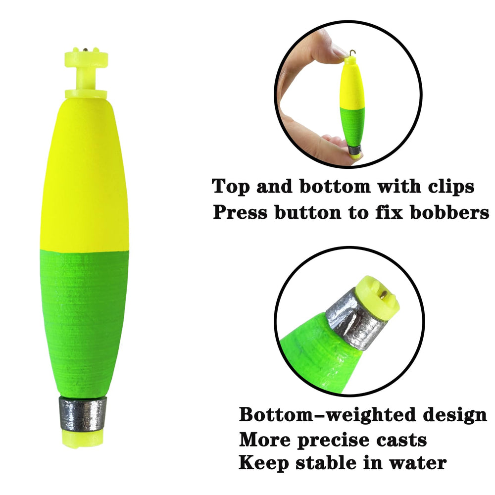 Snap-on fishing bobber with spring buttons for secure line attachment