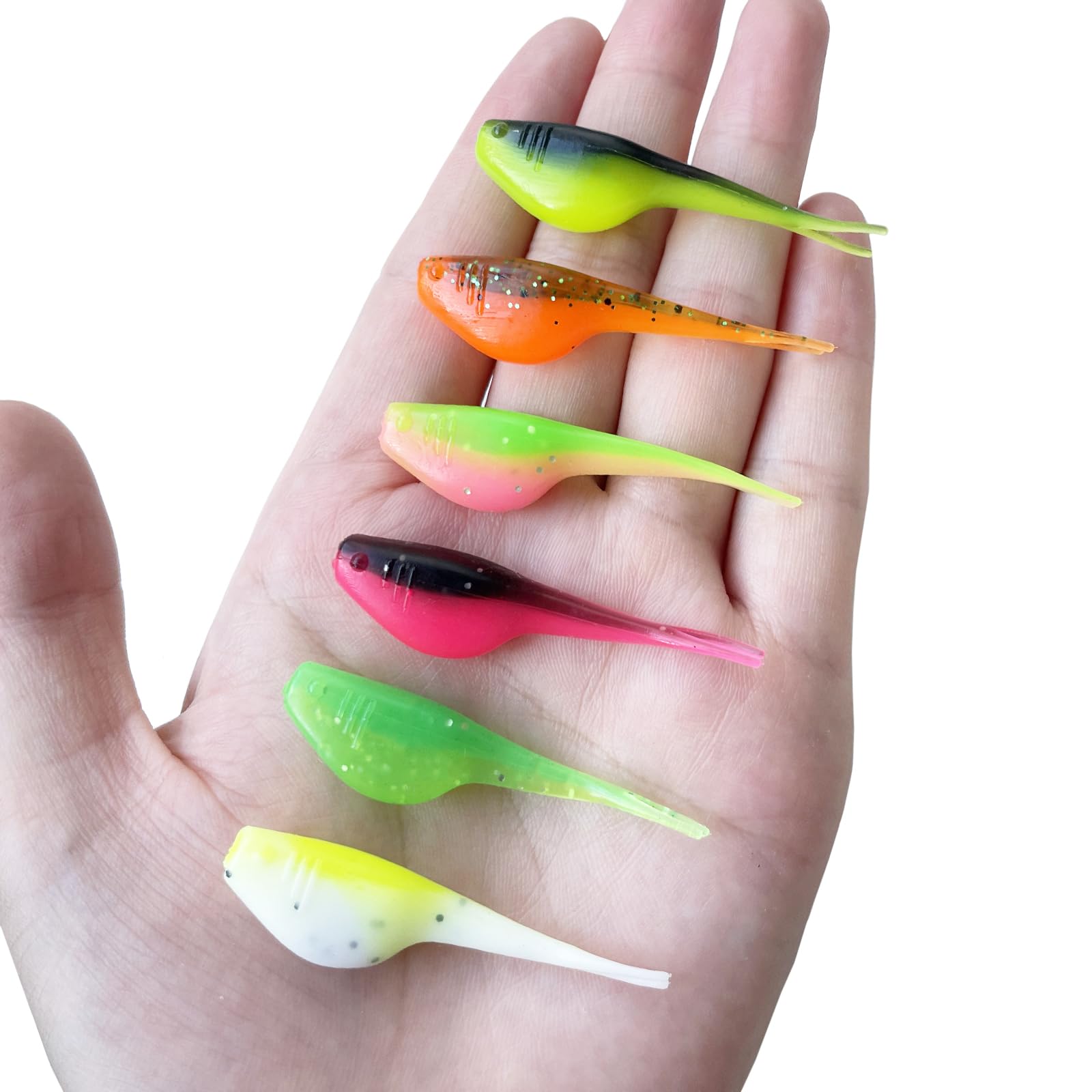 Two-inch length crappie baits in case packaging