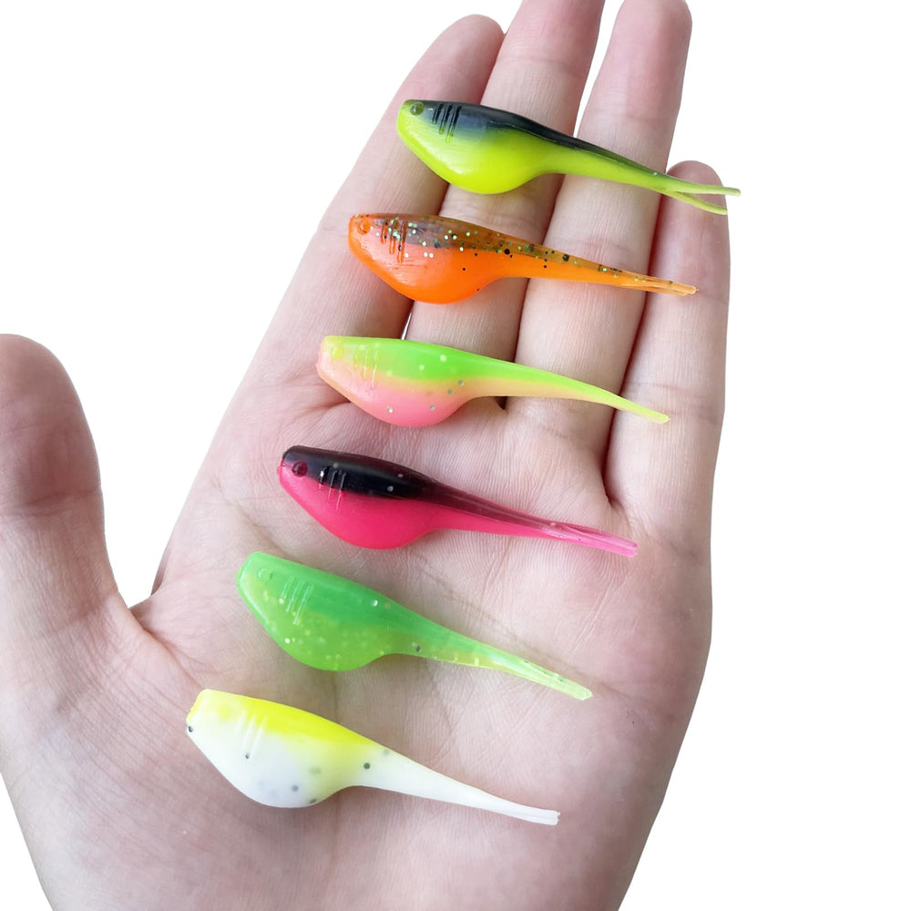 Two-inch length crappie baits in case packaging