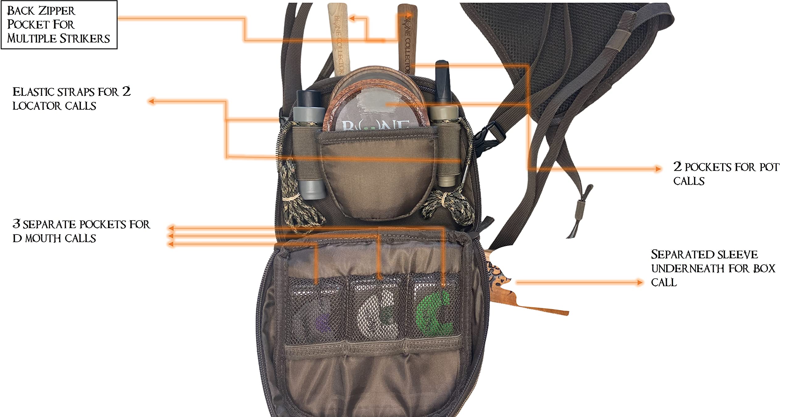 Bone Collector BC Quick Call Chest Pack pockets organize mouth and pot calls for on-the-go hunters.