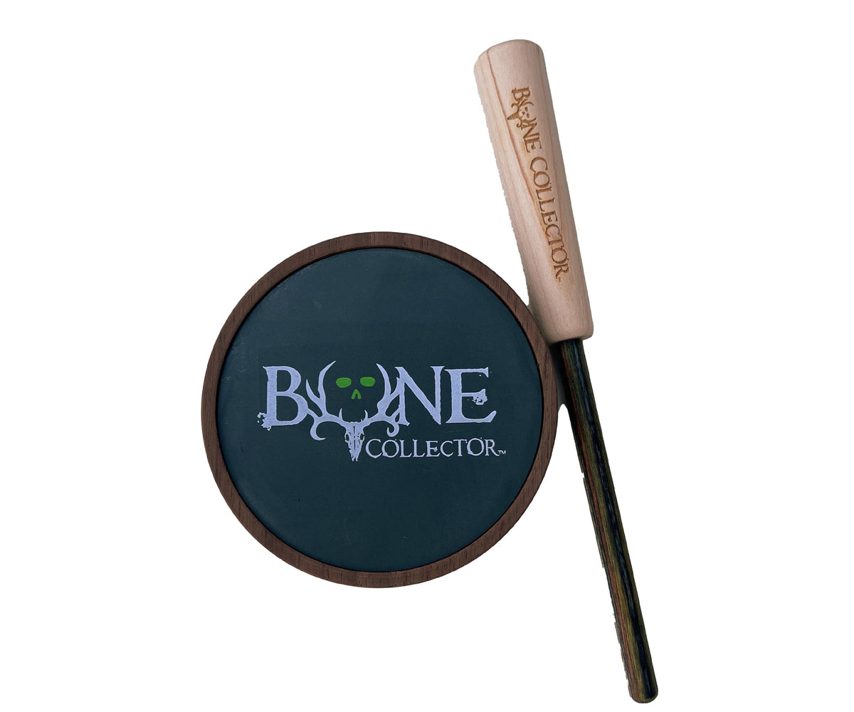 Bone Collector Tom Thriller Pot Call in walnut with slate over glass for realistic turkey vocalizations.