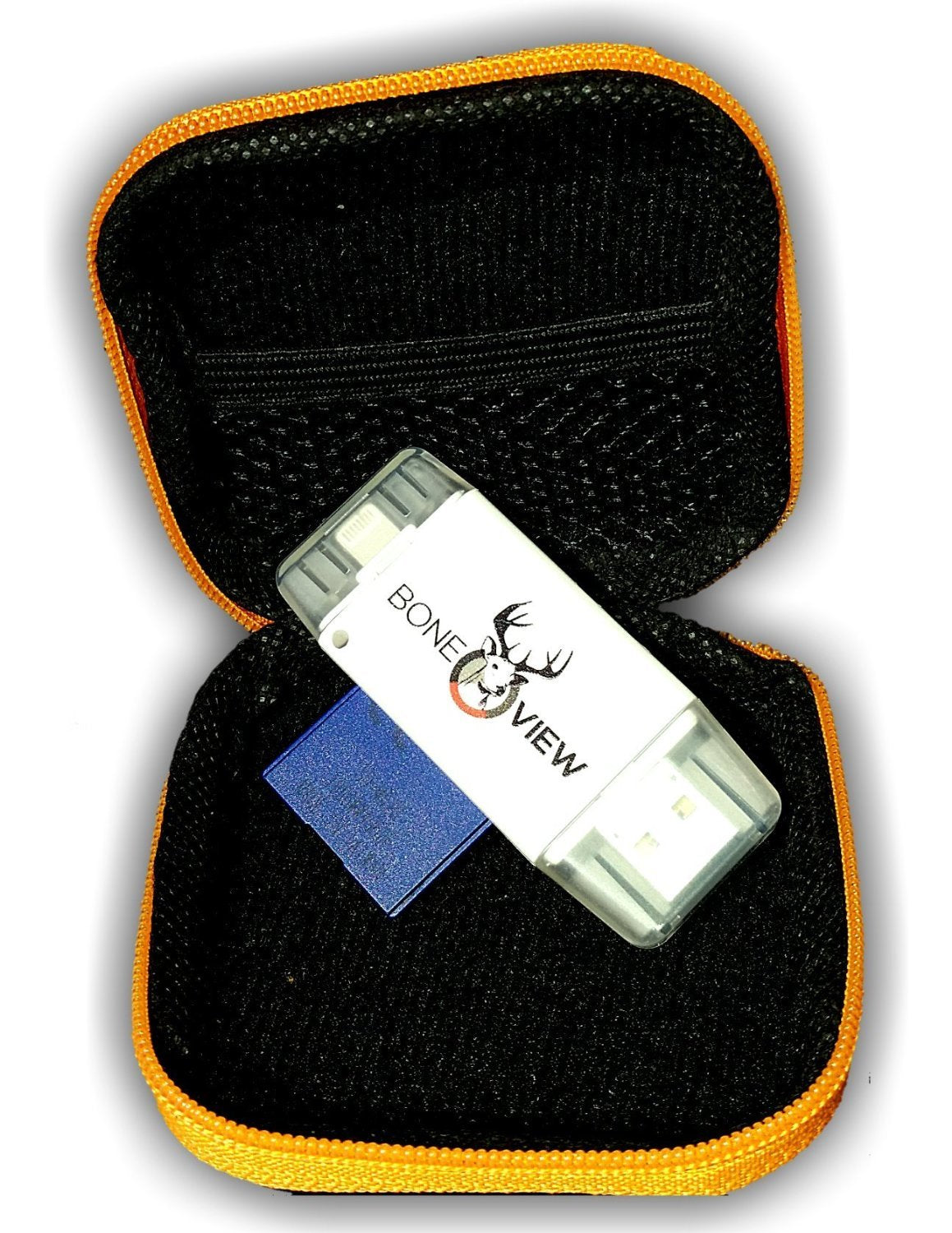 BoneView case interior with mesh pocket holding spare SD cards and accessories
