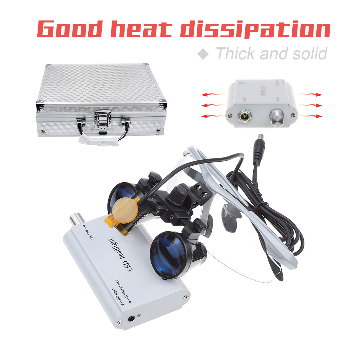 Bonew 3.5x loupe head lamp shown with carry case in silver.