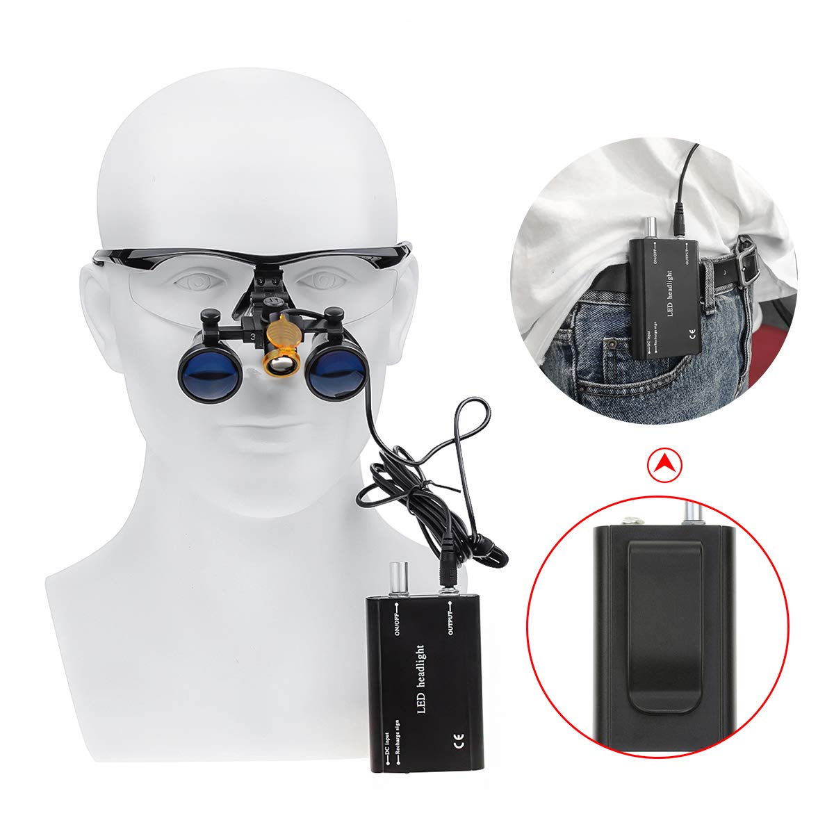 BoNew 3.5X loupes head lamp side view showing adjustable angular viewing