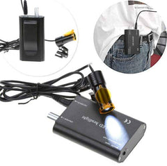 BoNew head lamp with filter clip-on shown on a loupe for precise illumination.