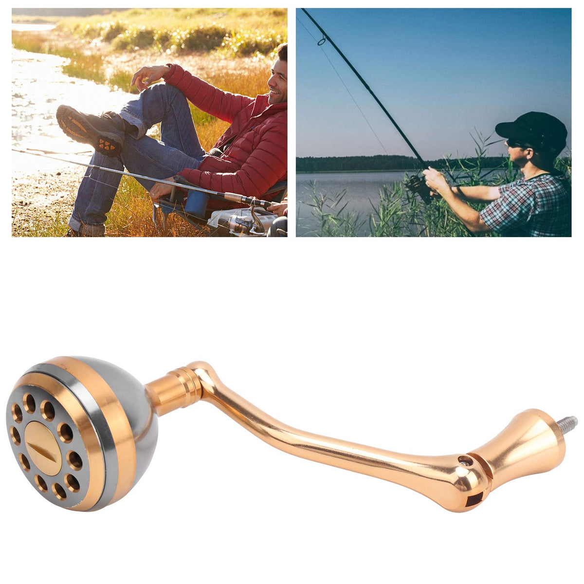 BONKZEBU reel handle front view, durable aluminum build for longevity.