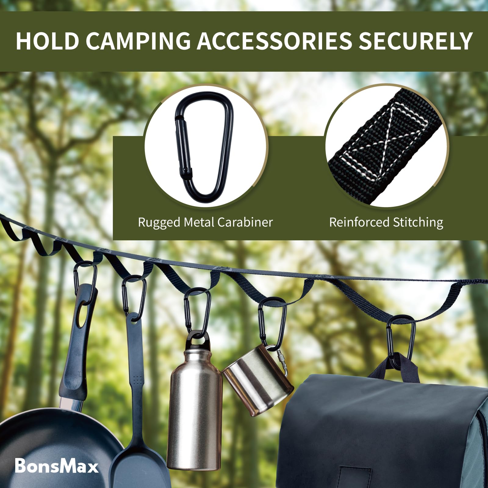 BonsMax hanging gear at campsite keeps items organized.