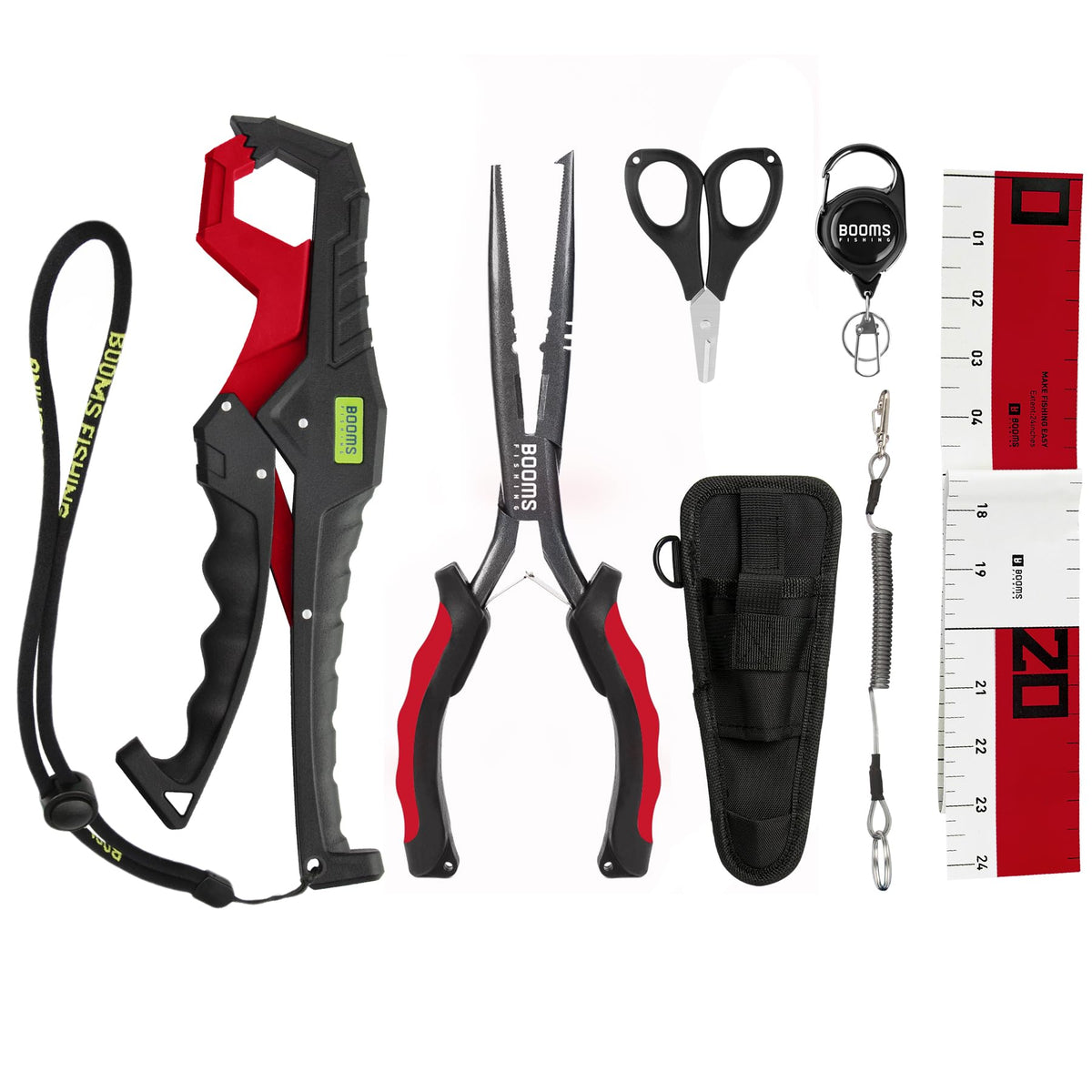 Booms 6-piece fishing tools kit TK1 Red with pliers, gripper, scissors, ruler, retractor and lanyard
