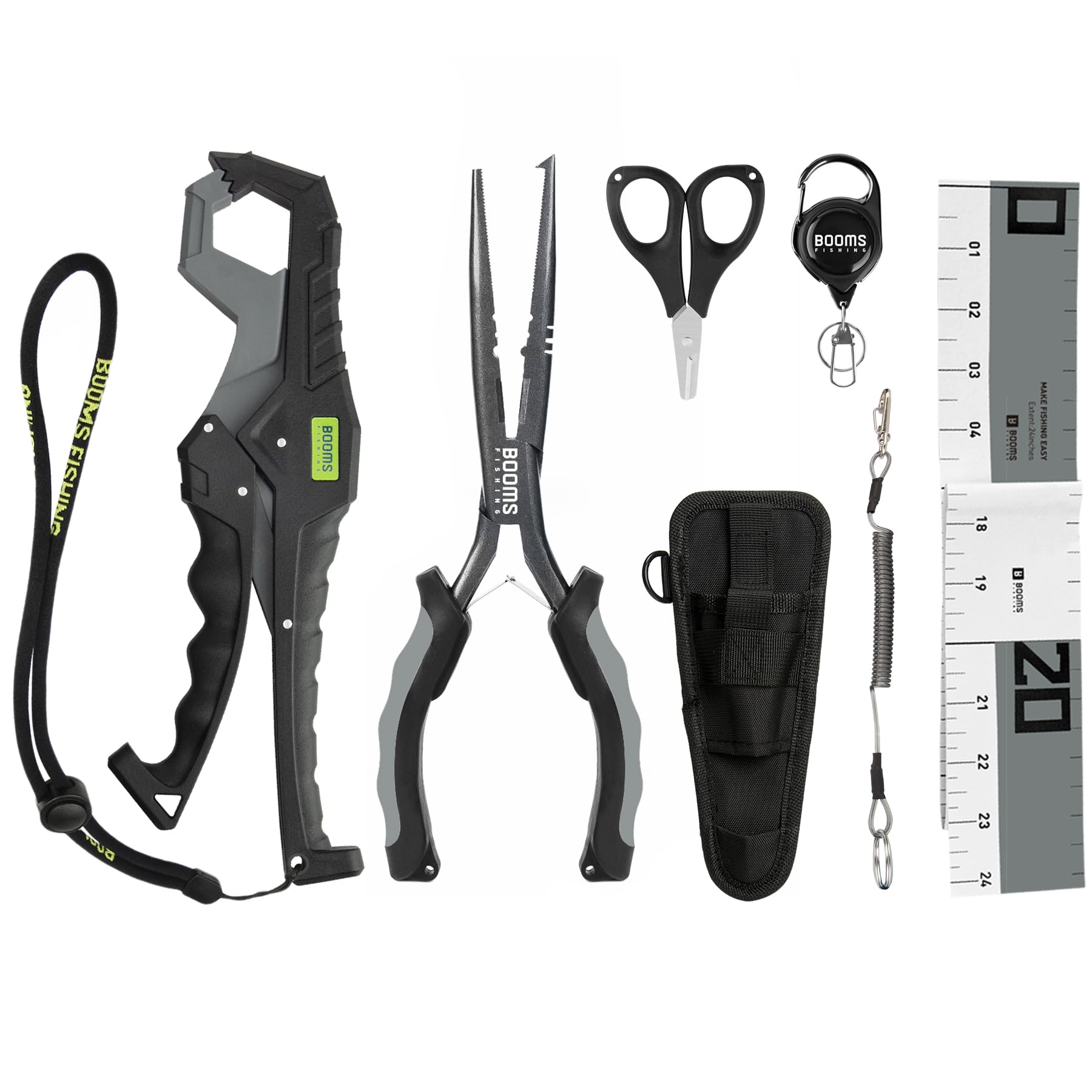 Booms 6-piece fishing tools kit components laid out: pliers, gripper, scissors, ruler, retractor and lanyard TK1 Black
