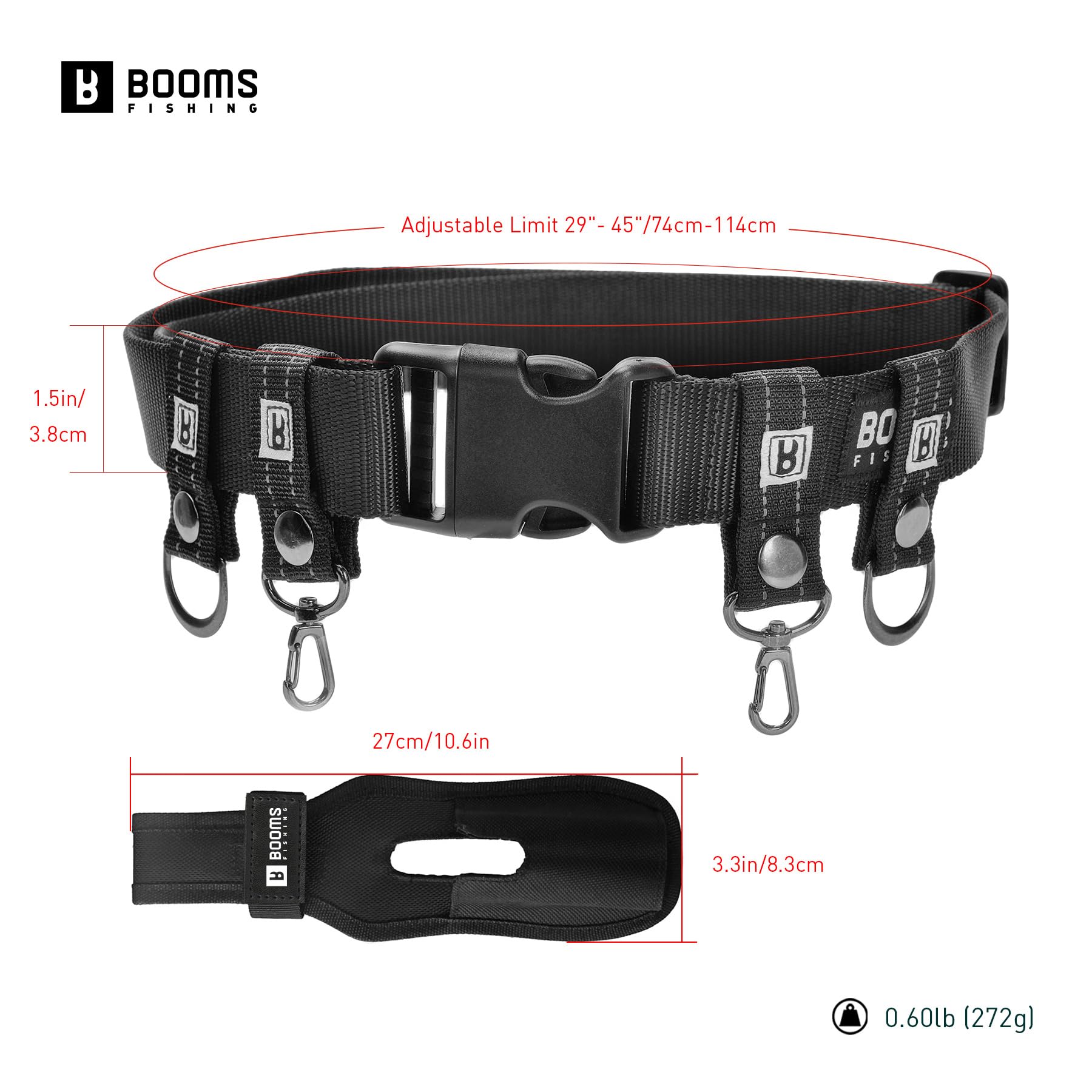 Includes two detachable D-rings, two swivel hooks, and rod holder on Booms FB2 belt
