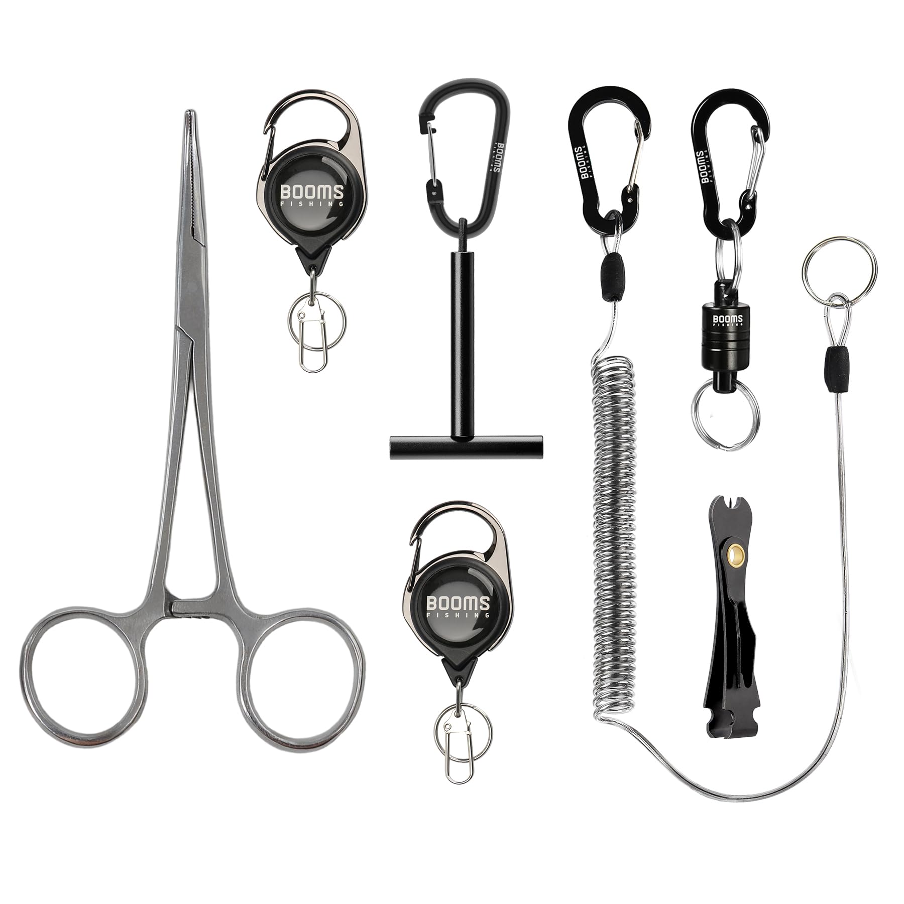 Booms Fishing FF3 7-piece Fly Fishing Tools Kit laid out with tools
