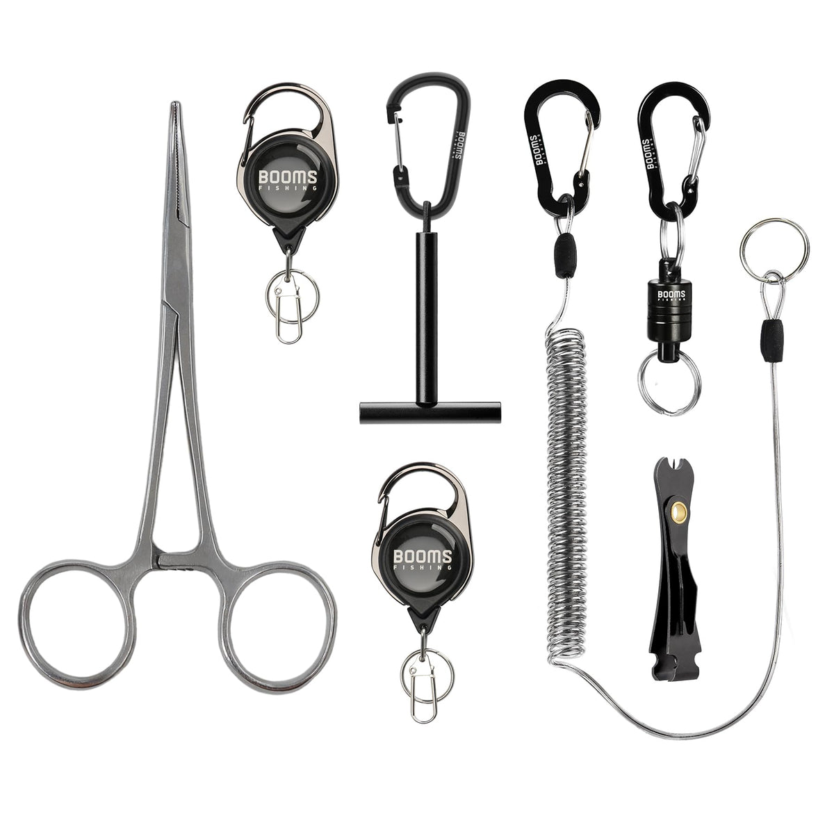 Booms Fishing FF3 7-piece Fly Fishing Tools Kit laid out with tools