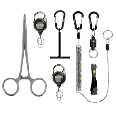 Booms Fishing FF3 7-piece Fly Fishing Tools Kit laid out with tools