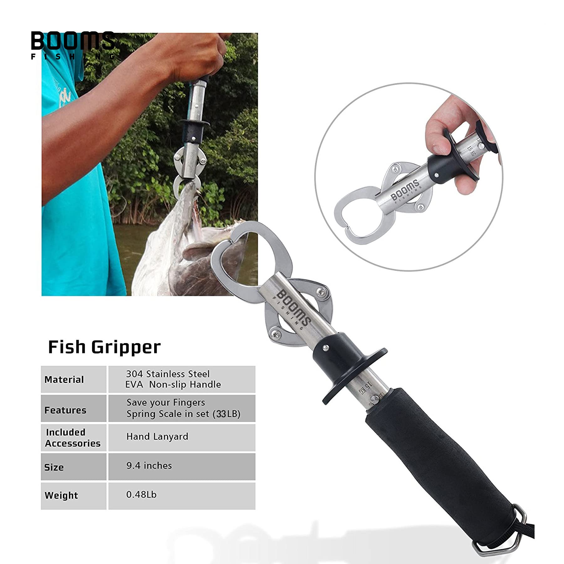 Booms Fishing G01 gripper side angle highlighting built-in 33 lb scale for quick weighing.