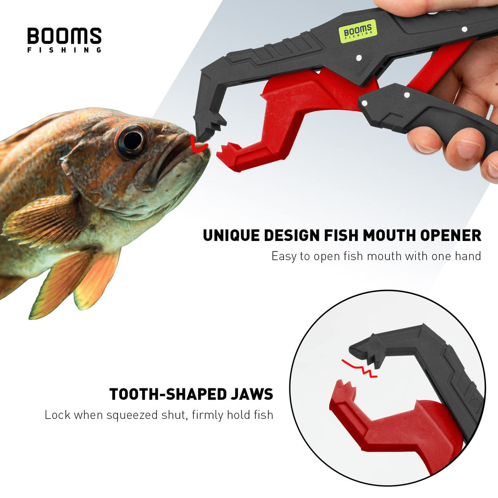 Booms Fishing G05 fish lip gripper red angled view with jaws