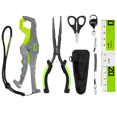 Booms 6-piece fishing tools kit with needle-nose pliers, fish gripper, line scissors, 24-inch adhesive ruler, retractor and lanyard in TK1 green