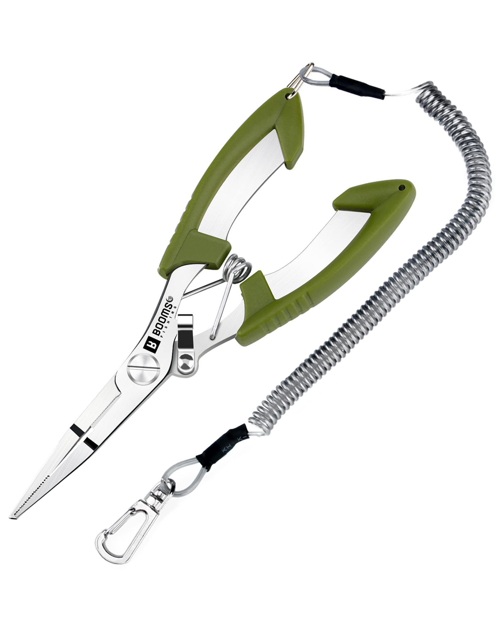 Booms Fishing H01 small pliers with green handle close-up