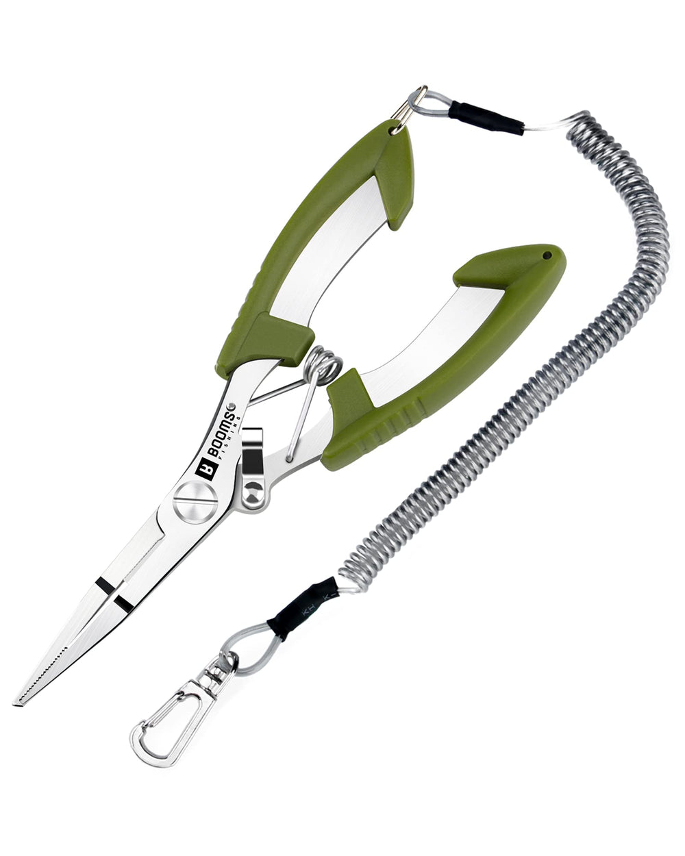 Booms Fishing H01 small pliers with green handle close-up